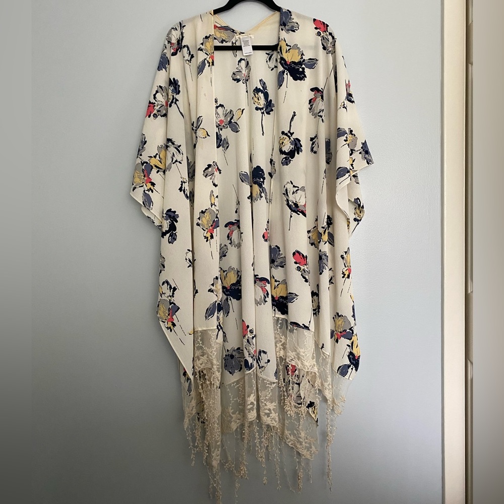 maurices watercolor fringe kimono